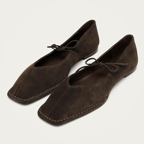Image of Ballet Flats for Women Lace Up Bow Square Toe Mary Janes Cute Ballerina Shoes Slip On Comfortable Elegant Dress Shoes