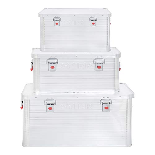 STIER Alubox Set, Aluminiumbox 50L 85L und 135L, stapelbare Transportkisten, Staub- und spritzwasserresistent mit Gummidichtung und Klapphandgriffen, für Transport und Lagerung