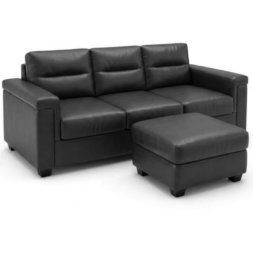 Image of FURNY Parker 3 Seater Sofa Set with Ottoman | Premium Suede Velvet Fabric Finish | Durable Comfort Sofa for Modern Living Room & Office Spaces (Black Leatherette)