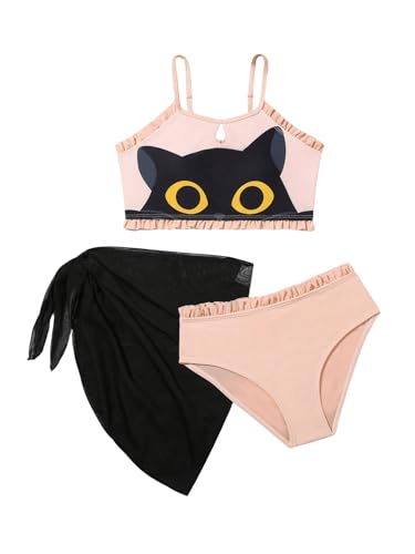 Image of WDIRARA Girl's Cartoon Print Bikini Set 3 Piece Ruffle Swimsuits Bathing Suits with Cover Up Skirt