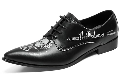 Santimon Black Dress Shoes Men Formal Leather Oxfords Fashion Casual Skull Halloween Derby Prom Wide Walking Shoes for Men