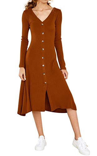 R.Vivimos Women's Winter Cotton Long Sleeves V-Neck Casual Button Down Knit Sweater Midi Dress