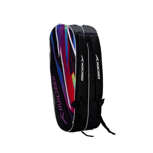 HUNDRED Debut Badminton and Tennis Racquet Kit Bag | Size: Large | Material: Polyester | 2 Compartments | Front Zipper Pocket | Padded Back Straps | Easy-Carry Handle | Black (6in1)