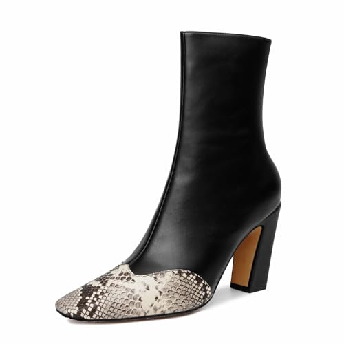 Vertundy Women's Ankle Boots Black Square Toe Booties High Kitten Block Chunky Heel Snakeskin Patchwork Leather Chelsea Boots