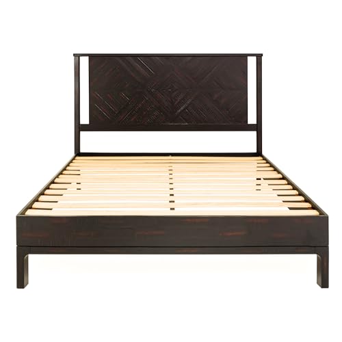 Image of Bme Ethan Queen Bed Frame with Diamond Headboard, Mid-Century Modern, Solid Acacia Wood, No Box Spring Needed, Fits All Mattresses, Rustic Black