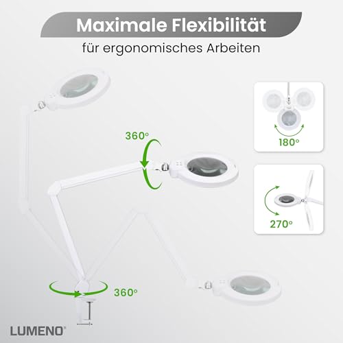 Lumeno 8245PRO LED Lupenleuchte mit großer 177 mm Echtglaslinse, dimmbar mit Segementschaltung und robustem Metallgehäuse ideal als Lesehilfe, für Handarbeit, Praxis Fußpflege, 5 Dioptrien