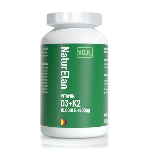 Vitamin d3 k2 kapseln hochdosiert - 10000I.E. + Vitamin K2 MK7 200 mcg pro Dosis, 80 Vegetarisch kapseln, Ohne Zusätze, In De