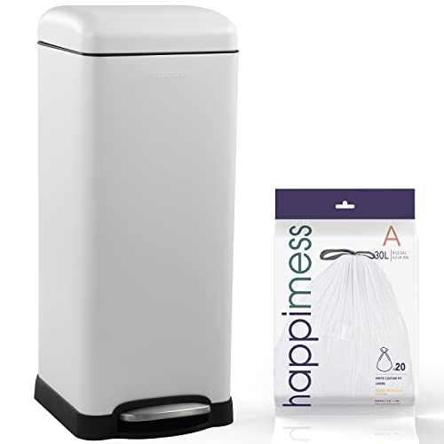 Image of happimess Betty 8 Gal Step Trash Can Soft-Close Lid, Cotton White | Fingerprint Resistant, Removable Liner, Semi-Rectangular, Steel Pedal, Iron Powder Coated, 27 inch Height, Non-Skid Base