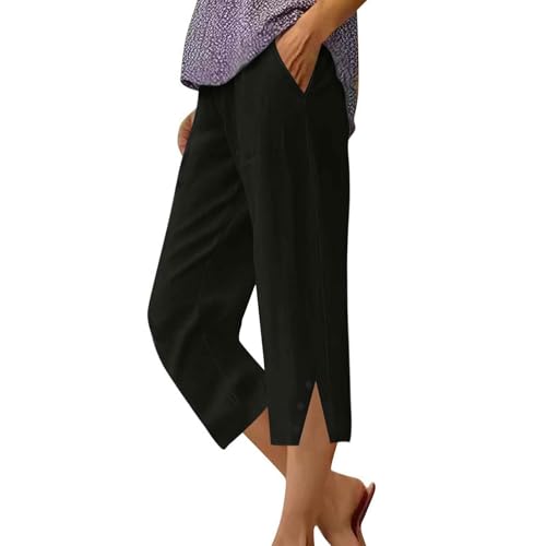 Linen Capri Pants for Women Side Slit High Waisted Wide Leg Cropped Pants Summer Beach Cover Up Pant with Pockets