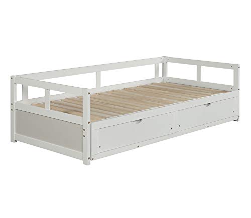 Windaze Extendable Daybed with Trundle and 2 Storage Drawers Full Twin to King Size, Solid Wood Multi-Function Bed with Slats Support, White