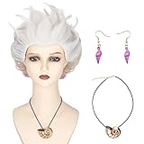 Miss U Hair Women Short Curly White Sea Witch Wig with Earrings and Conch Necklace Adult Cosplay Wig