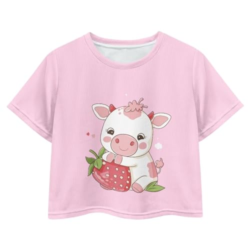 Image of Girls Summer Crop Top Outfits Short Sleeve T Shirts Kids Cute Clothes Tees Blouse