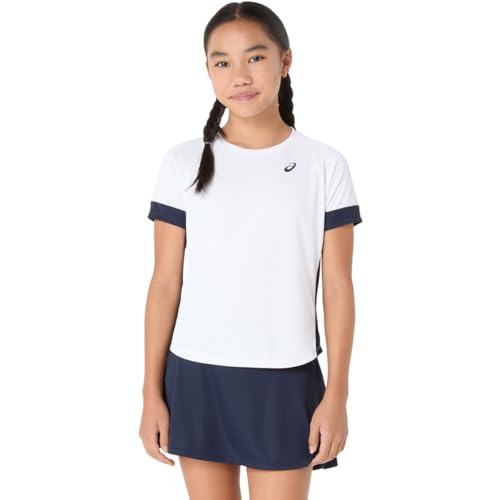ASICS GIRLS TENNIS Short Sleeve TOP TENNIS Apparel, M, BRILLIANT WHITE/MIDNIGHT
