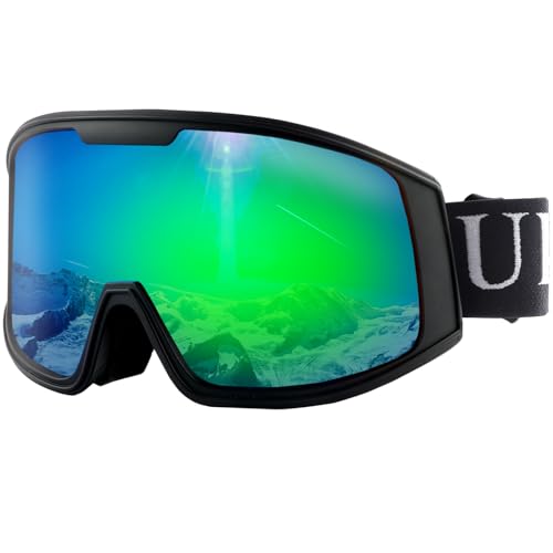 Ukoly Ski/Snowboard Goggles for Men Women, Snow Goggles HD Lens Anti-Fog Coating OTG Design UV400 Protection Windproof (Black Frame Revo Green HD Lens)