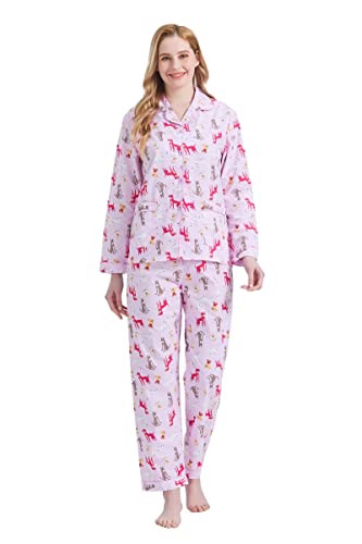 Image of GLOBAL Women Cotton Pajamas Long Sleeve PJs Button Down Sleepwear S-3XL