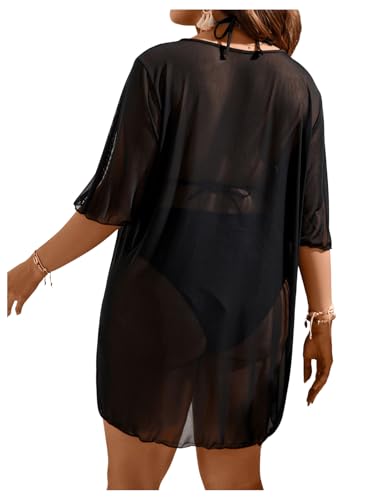 OYOANGLE Women's Plus Size Sheer Mesh Split Thigh Beach Cover Up Dress Bathing Suit Swimwear2