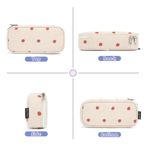Image of FlowFly Large Capacity Pencil Case for Kids, Boys & Girls - Zippered Multi-Functional Pen Pouch, Soft & Portable Pencil Bag for School, Teens, Students, Corduroy Strawberries Beige