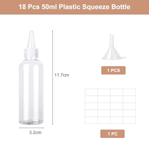 CafullCon 18 Stück Squeeze Flasche, 50ml Klein Quetschflaschen Kunststoff, Toilettenartikel flaschenfür Reisen, Wiederverwendbar Quetschflasche mit Etiketten Trichter für Ketchup Saucen Dressings
