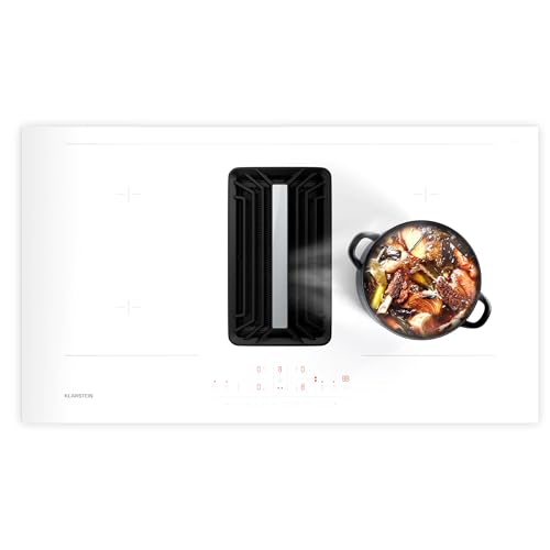 Klarstein DownAir AirJet 90 - Placa de Inducción con Extractor Integrado, 750 m³/h, A++ Eficiencia, Boost 10000 W, VarioHeating, Panel Táctil, Vidrio y Acero Inoxidable, Blanco