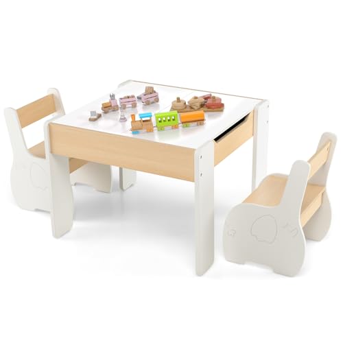 # Adatto a molti scenari # Il design leggero di questo set da tavolo consente ai bambini di spostarlo facilmente. Questo set tavolo e sedie attività 4 in 1 presenta una forma di elefante adorabile e un motivo carino che si integra armoniosamente con l'arredamento delle camere dei bambini, dei nidi, delle scuole materne, ecc.