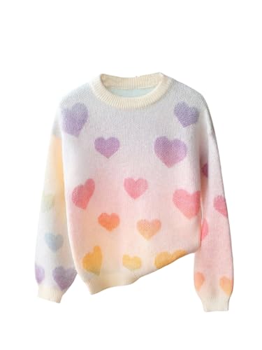 SHENHE Girl's Sweater Crew Neck Heart Print Rainbow Gradient Long Sleeve Fall Sweater Pullover