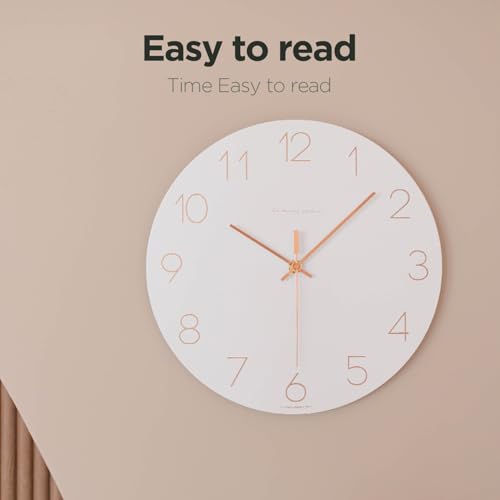 Image of mooas Flatwood Wall Clock (Rose Gold),12 inch Non-Ticking Sweep Movement | Decorative Battery Operated Wall Clock for Home Living Room Kitchen Bedroom Office School