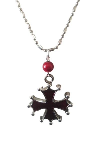 Collier croix occitane avec perle rouge en pendentif artisanal
