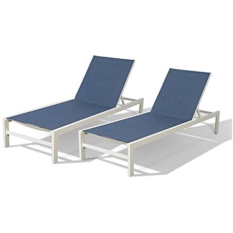 Iwicker Patio 2-Pieces Aluminum Chaise Lounge Chairs Adjustable Outdoor Mesh Fabric Reclining Lounge Chairs with 5-Position Backrest, Navy Cover