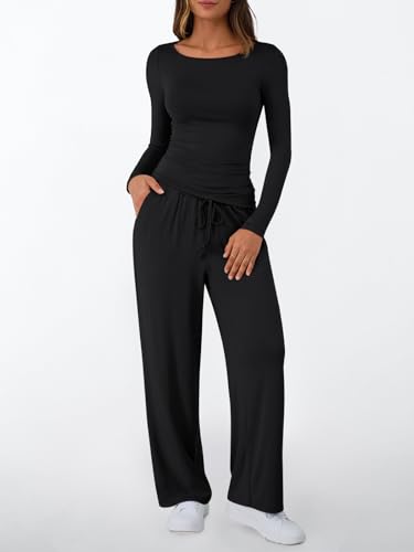 LILLUSORY Womens Boat Neck Long Sleeve Side Ruching Asymmetric Hem Top Wide Leg Pants 2 Piece Casual Lounge Set with Pockets2