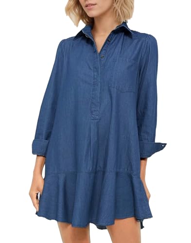 Women's Long Sleeve Denim Shirt Dress Button Down Ruffle Flowy Collared Mini Shift Drop Waist Jean Dresses