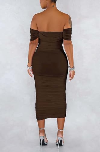 Image of Fooullaide Women's Sexy Off Shoulder Sleeveless Bodycon Ruched Midi Dress | Stretchy, Breathable, Mesh, Not See-Through, Elegant,Formal Gown, Cocktail, Evening, Party, Night Out Tube Dresses