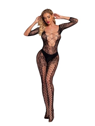 V-Ting Sexy Bow dessous für Damen Bodystocking Netz body Catsuit Unterwäschen Reizwäsche Netz Strumpfhose Hohle Jumpsuit Frauen Bodysuit Nachtwäsche Ärmellos (Schwarz Kreuz) – Bild 2