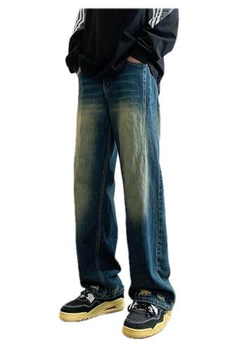 Jeans Pants Trousers Denim High Street Retro Blue Men's Loose Straight Leg Wide Daily Commuter Splicing Feel2