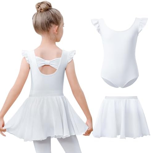 Kefiyis Ballettkleidung Mädchen Rüschenärmel Balette Kleidung Mädchen Baumwolle Ballett Trikot mit Abnehmbarem Rock Ballerina Ballettkleid Tanzkleid für 3-11 Jahre