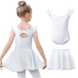 Kefiyis Ballettkleidung Mädchen Rüschenärmel Balette Kleidung Mädchen Baumwolle Ballett Trikot mit Abnehmbarem Rock Ballerina Ballettkleid Tanzkleid für 3-11 Jahre Weiß 120