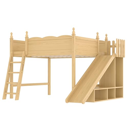 Image of Queen Size Loft Bed with Storage Shelves, Cabinet & Detachable Slide and Ladders, Solid Wood Kids Loft Bed for Space-Saving, Playful & Organized Bedroom (Natural1, Queen)