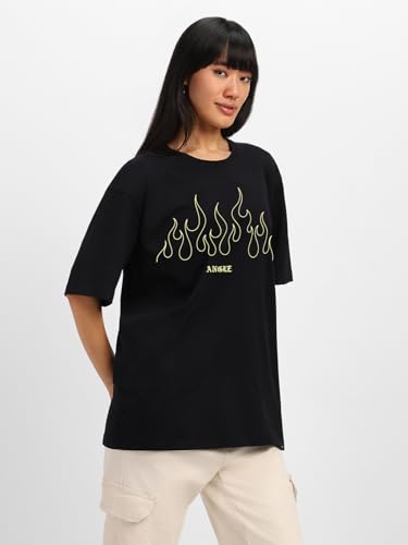 Image of JUNEBERRY Women's Casual Pure Cotton Black Printed Round Neck, Longline Drop Shoulder Loose Oversized T-Shirt |Oversized Tshirt for Women /Girl (Color: Black Available in Various Designs)