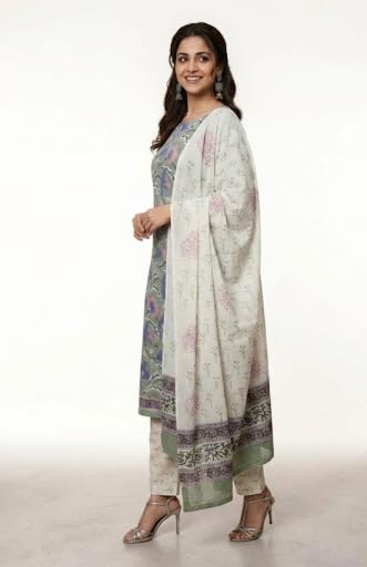 Image of Eddika women unstitched hand block printed cotton suit set with mulmul dupatta ehbpcswmd0120P