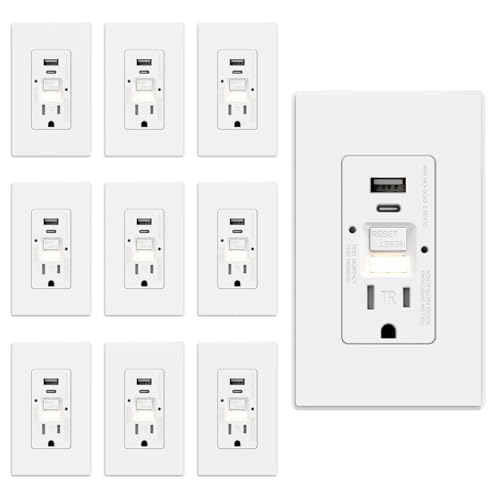 ELEGRP GFCI Outlet with USB Ports and Nightlight, 15 Amp Self-Test GFCI Combination with USB Ports, Tamper Resistant GFCI USB Outlet w/Nightlight, Wall Plate Included, UL Listed, Matte White, 10 Pack