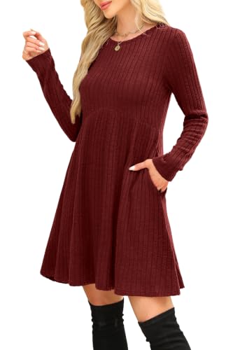 Image of OFEEFAN Long Sleeve Dress for Women Crew Neck Empire Waist Tunic Dress with Pockets