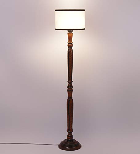 Image of Devansh Off White & Black Cotton Drum Designer Fashionable Wooden Carving Floor Lamp for Home Decor (Off White & Black, Medium)
