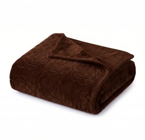 Image of BSB HOME 280 GSM Micromink Blanket, Premium Soft Warm Cozy Winter Blanket, Plush Double Bed Blanket, Ultra Soft Comfortable Bedding, Embossed Floral Design, 40 x 80 Inches (103 x 205 cm) - Espresso