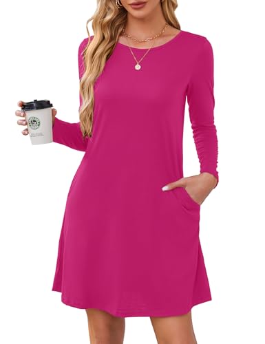 Uvog Womens Long Sleeve Tunic Dresses Casual T Shirt Swing Dress with Pockets Hot Pink L