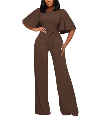 Image of BessCops Brown Women Casual Loose Short Sleeve Belted Wide Leg Pant Romper Jumpsuits