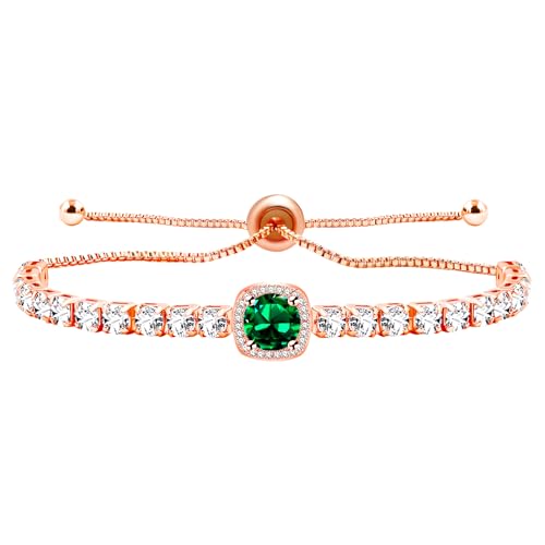 Image of Rose Plated Gold Brass Box Chain Cubic Zirconia Classic Tennis Slider Adjustable Bracelet, Round Big Zircon Charm Give Woman Mom Mother's Day Fashion Crystal Gift