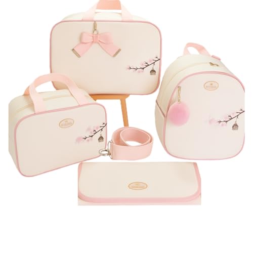 Kit Mala Maternidade 4 Peças À Prova D'água, com Mochila, Trocador e Organizador Bege com Rosa