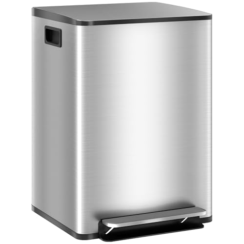 HOMCOM Cubo de Basura de Cocina con 2 Compartimentos 2x20L Papelera de Cocina de Acero Inoxidable con Pedal Tapa de Cierre Suave y Cubo Extraíble para Dormitorio Oficina Salón Plata