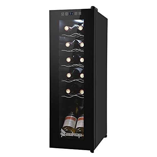 ROVSUN 10''W Small Wine Fridge with Compressor, 12 Bottles Freestanding Wine Cooler Refrigerator with Touch Panel Control and Glass Door, Wine Cellar for Red, White, Champagne or Sparkling, 41-64°F