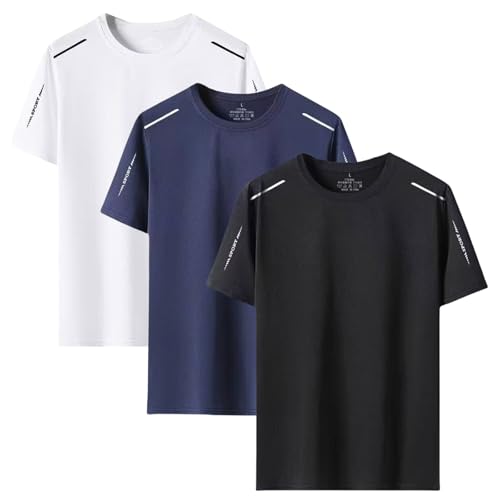 JiaYouLC 3 Pack T Shirts for Men UK Multipack Crew Neck Quick Dry Sport Tops Breathable Wicking Tshirts for Running Athletic Gym Workout (UK, Alpha, S, Regular, Regular, Black+White+Blue【A】)