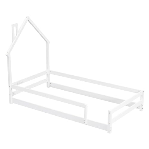 Dolonm Twin Size Montessori Toddler Floor Bed Frame, Modern House-Shaped Frame Headboard Bed with Fences, Pine Wood with Full-Length Guardrails, Bed for Girls Boys(Without Slats), White